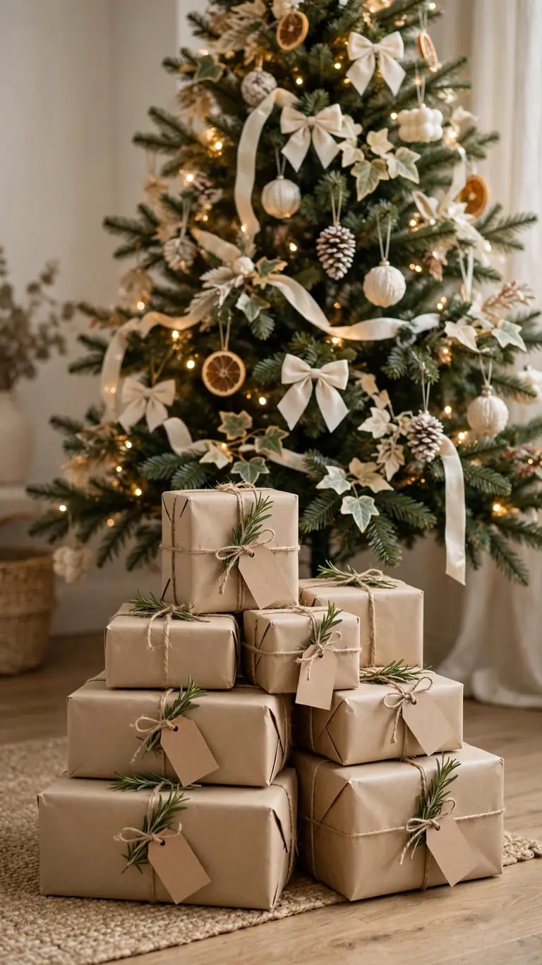 15 Neutral Christmas Decor Ideas for a Calm, Minimalist Home 13 Christmas gifts wrapped in kraft paper with twine and rosemary sprigs under a tree