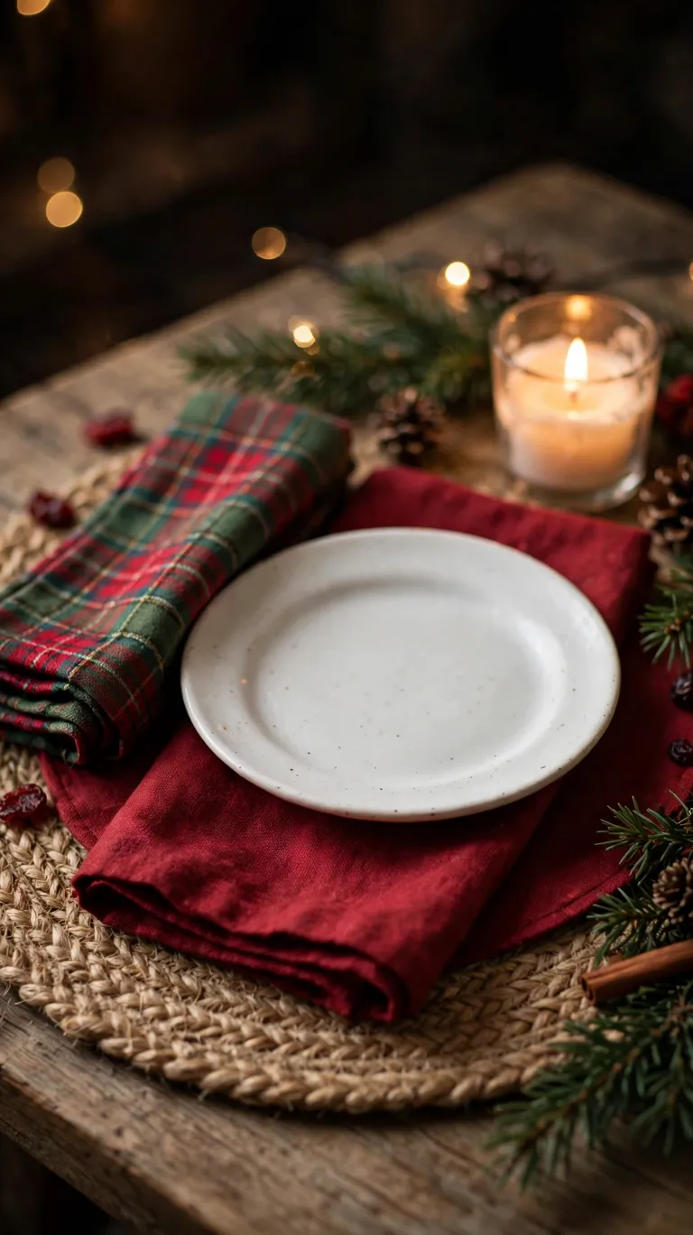 20 Beautiful Christmas Table Settings for Small Dining Spaces 13 Layered round jute and rectangular linen placemats under plates on a Christmas table