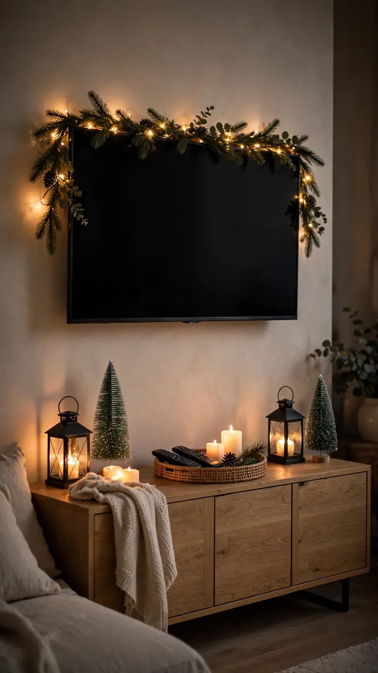 24 Festive Christmas Mantel Alternatives for Homes Without a Fireplace 13 A low media console under a TV styled for Christmas with a slim garland, lanterns, and battery candles