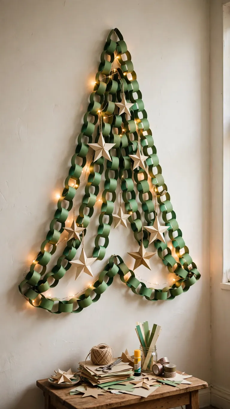 Green paper chain Christmas tree on a wall with paper stars and fairy lights