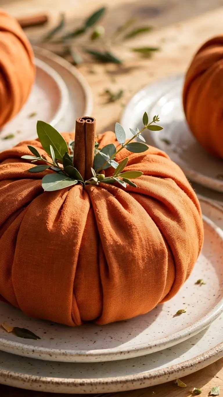 Cloth napkins folded into pumpkin shapes on Thanksgiving plates