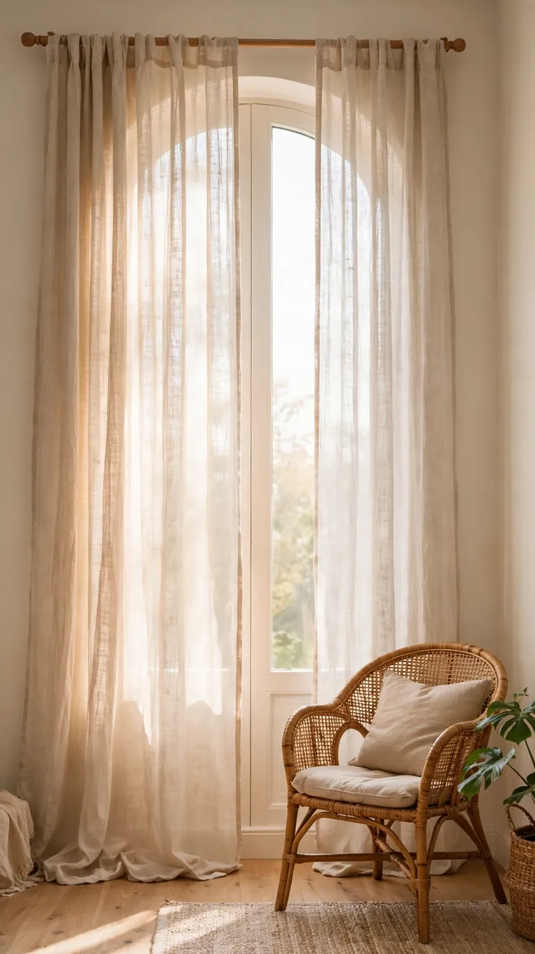 Tall window dressed with sheer linen curtains in a bright boho living room.