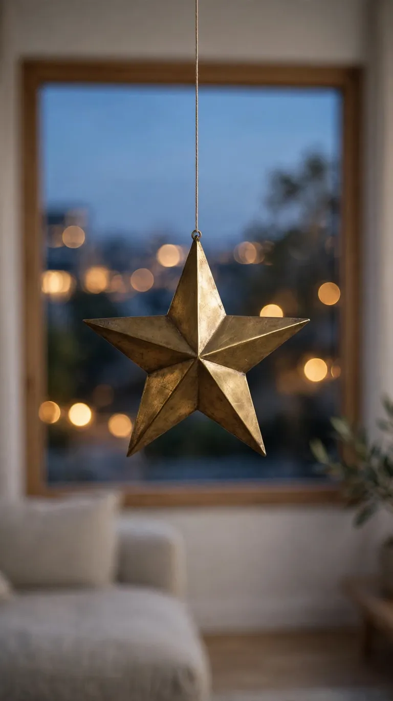 A single large brass star ornament hanging in a living room window.