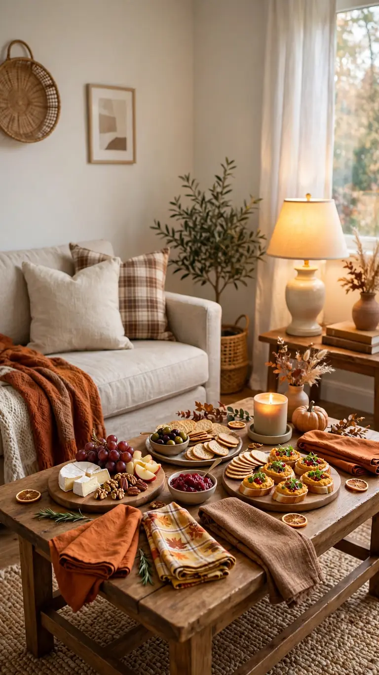 Coffee table styled with appetizer platters as a staged Thanksgiving serving zone