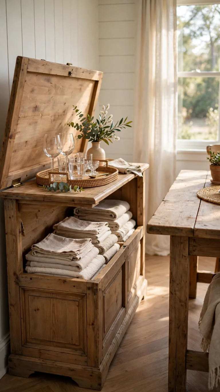 Wooden storage bench beside a dining table styled as a drink station with its lid open showing linens