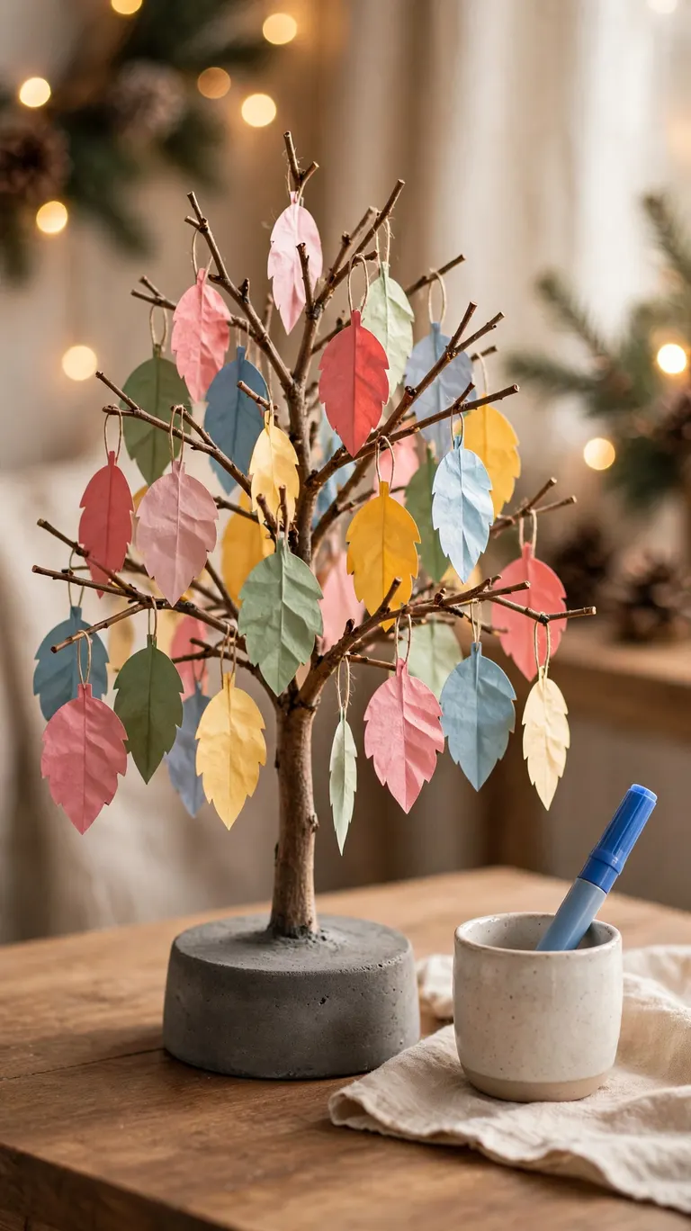 Tabletop thankful tree with colorful paper gratitude leaves