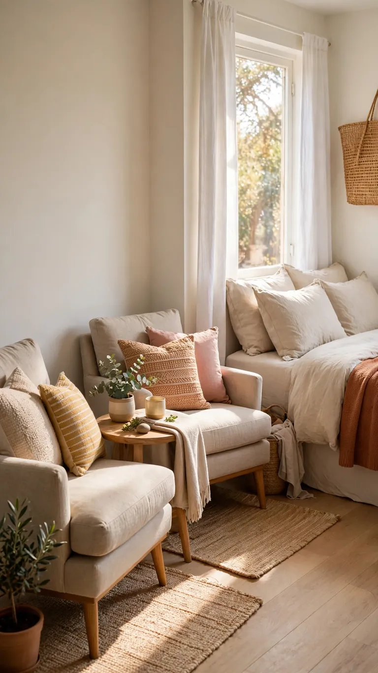Small bedroom repurposed as a cozy guest lounge for Thanksgiving overflow