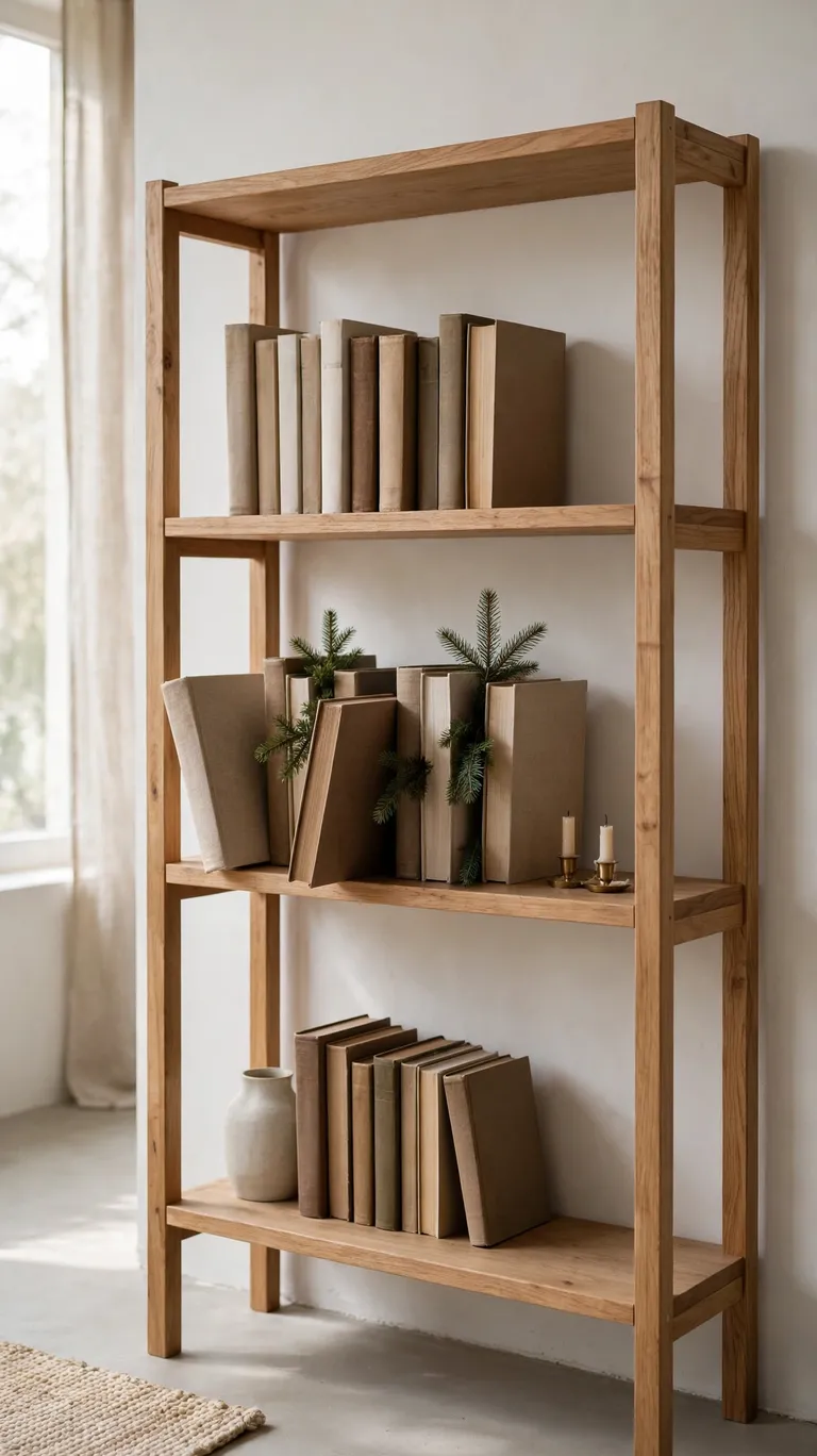 A bookshelf styled with a few sprigs of greenery and small candles for Christmas.