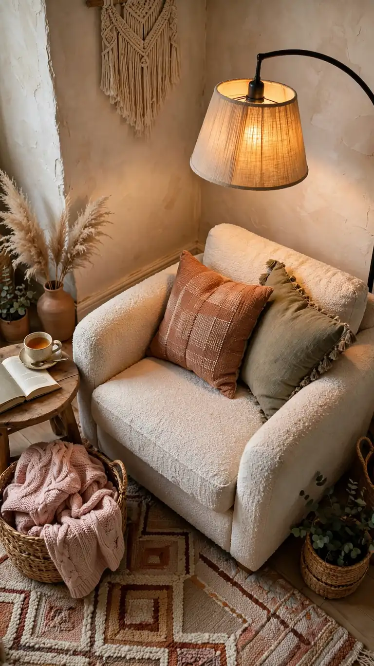 Cozy boho reading nook with an armchair, floor lamp, and small side table in a corner.