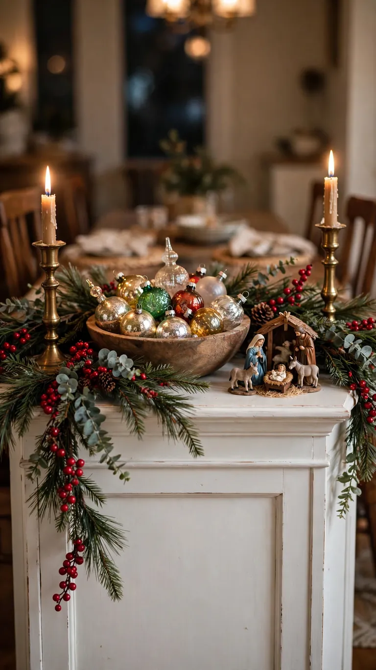 24 Festive Christmas Mantel Alternatives for Homes Without a Fireplace 14 The top of a dining hutch decorated with garland, brass candlesticks, and heirloom ornaments in a bowl