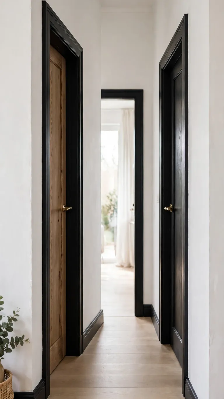 Freshly painted black door trim around doorways in a white hallway.