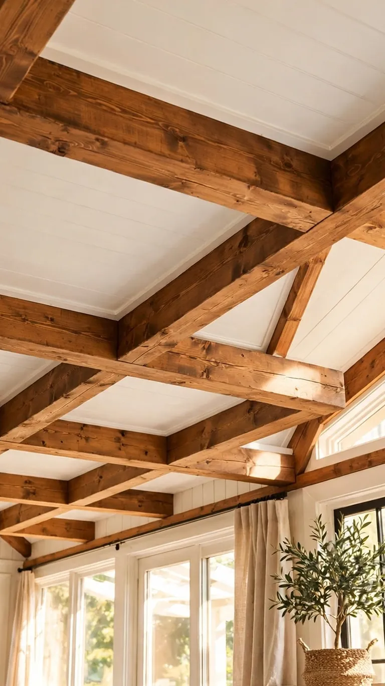Sunroom ceiling with warm stained exposed wood beams contrasting against white painted ceiling panels.