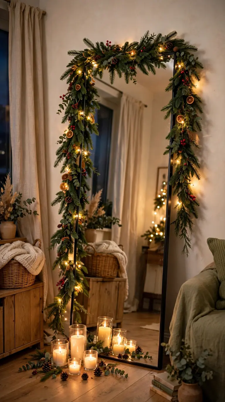 Evergreen garland with fairy lights draped across a tall floor mirror