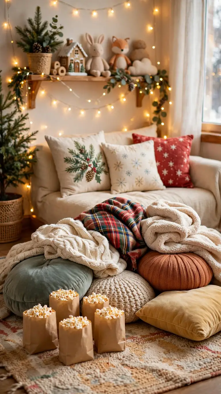 Cozy kids movie corner with floor cushions and popcorn bags