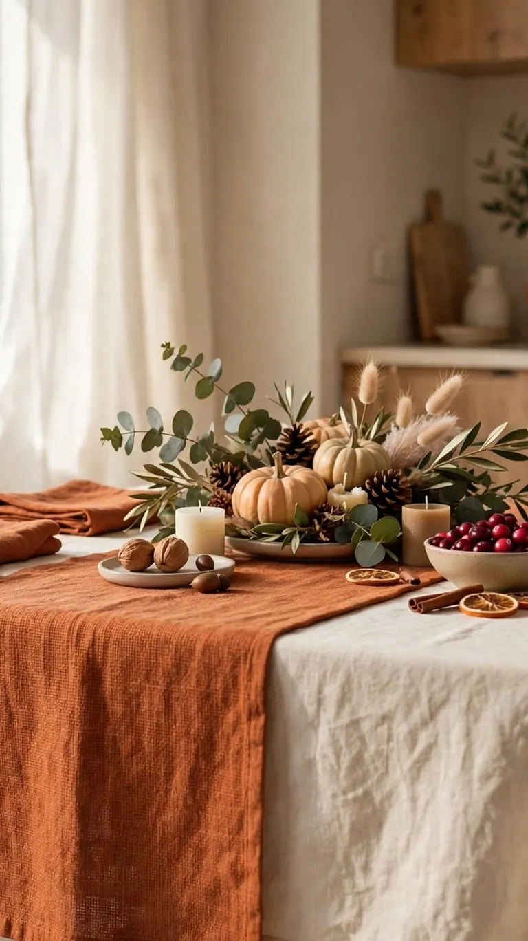Layered tablecloth and runner on a small Thanksgiving table