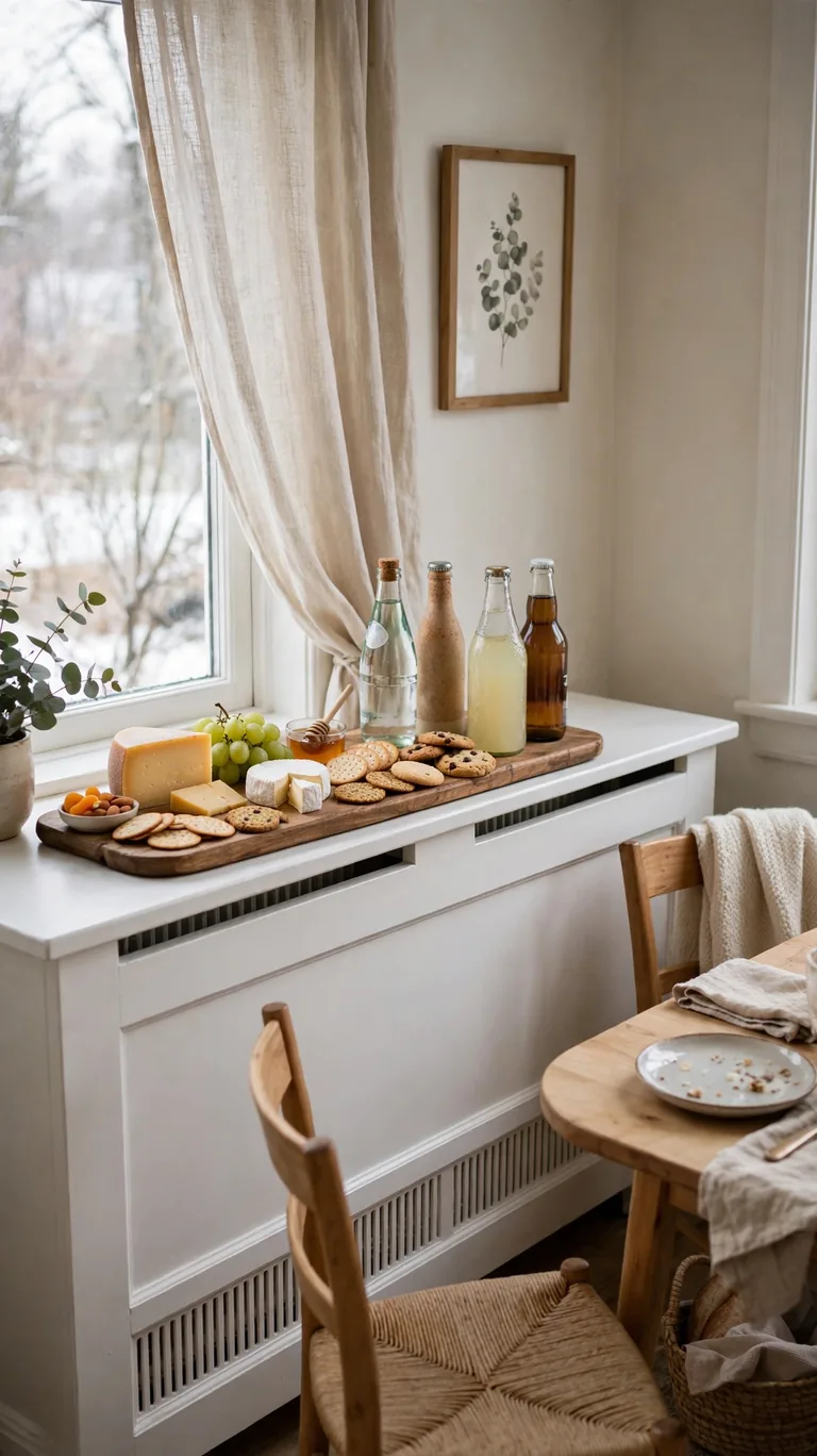 Flat topped radiator cover styled as a serving ledge with a tray of cheese, crackers and drinks