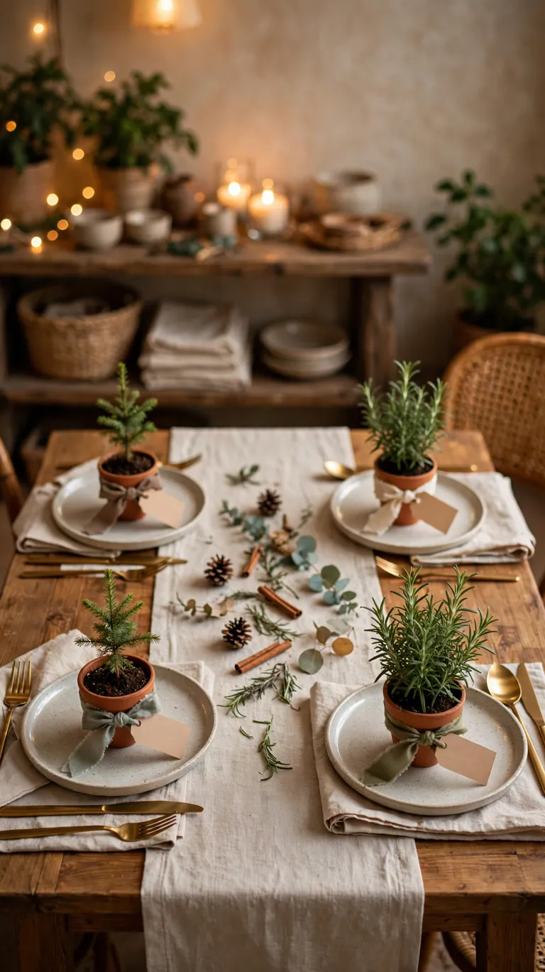 20 Beautiful Christmas Table Settings for Small Dining Spaces 14 Tiny potted evergreen seedlings with ribbon and name tags as favors on a small table