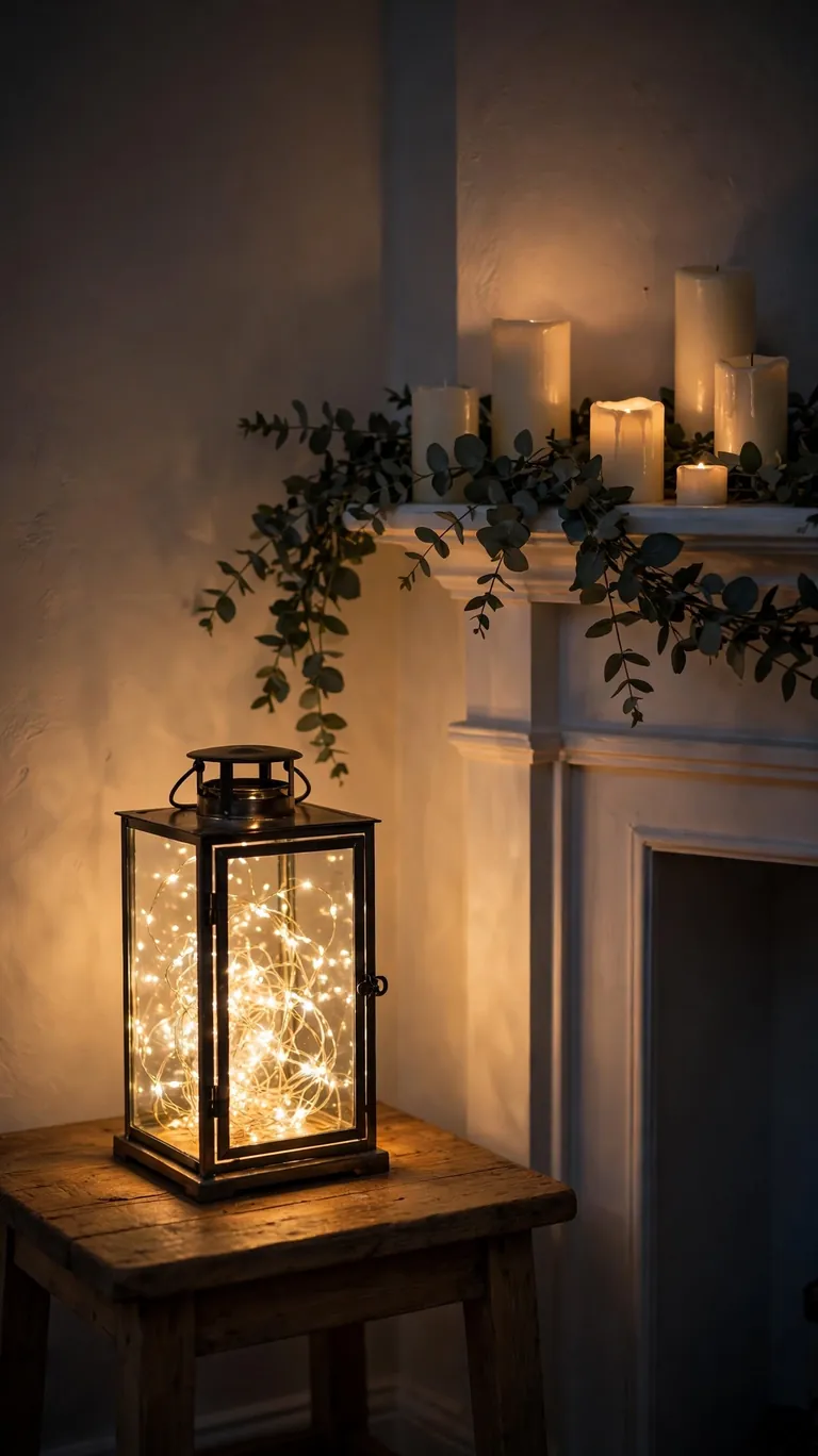 15 Neutral Christmas Decor Ideas for a Calm, Minimalist Home 14 Warm white fairy lights glowing in a glass lantern beside a neutral mantel