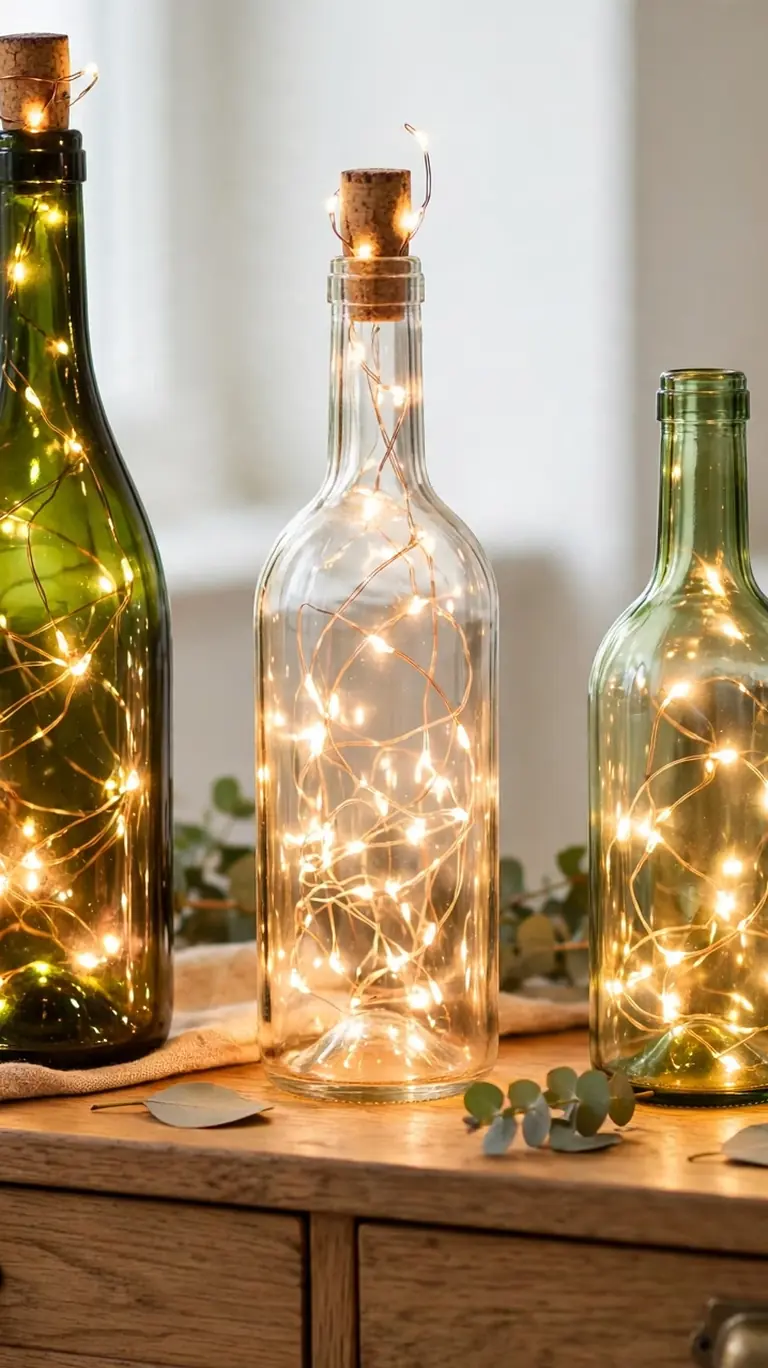 Empty wine bottles glowing from within with cork fairy lights clustered on a sideboard