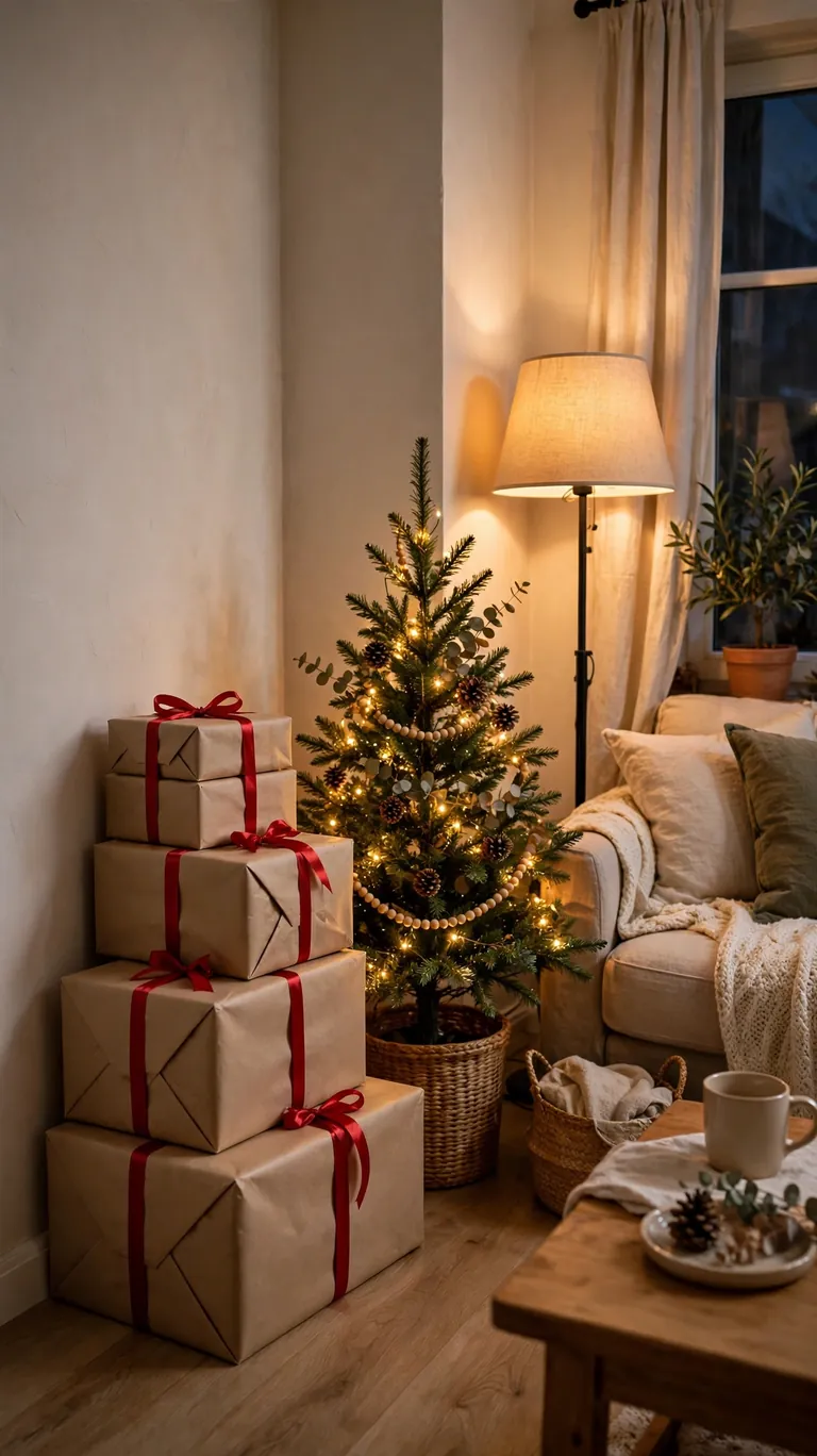 Stack of wrapped decorative gift boxes in a living room corner