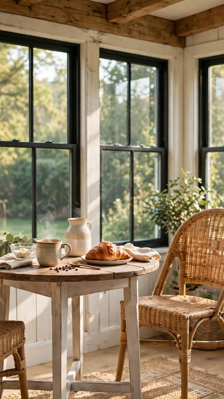 Small round bistro table with two chairs set beside sunroom windows for morning coffee.