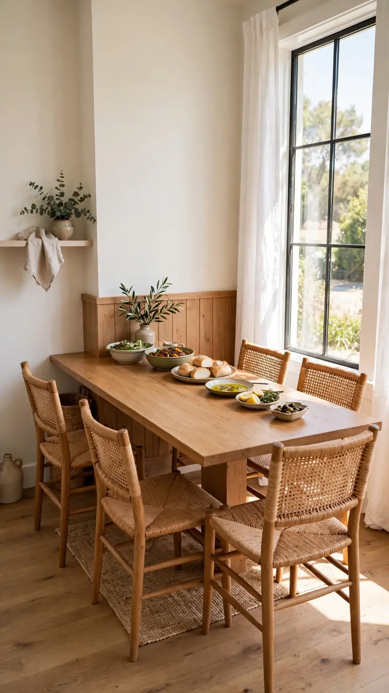 Dining table pushed against the wall to open floor space in a small dining room