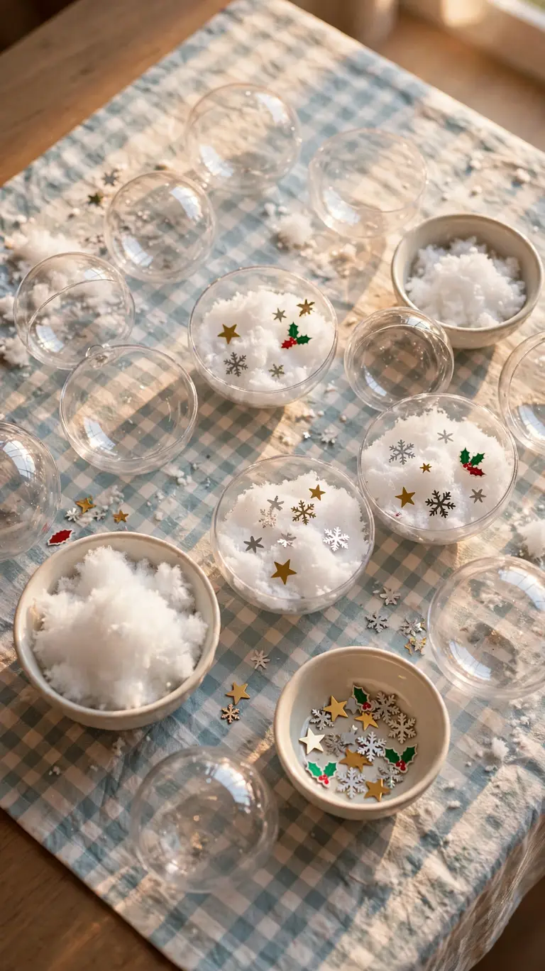Kids decorating clear plastic ornaments at a craft station