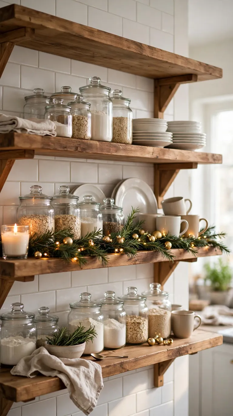 24 Festive Christmas Mantel Alternatives for Homes Without a Fireplace 15 Open kitchen shelves with a slim garland along the front edge, dishes, rosemary sprigs, and tiny ornaments