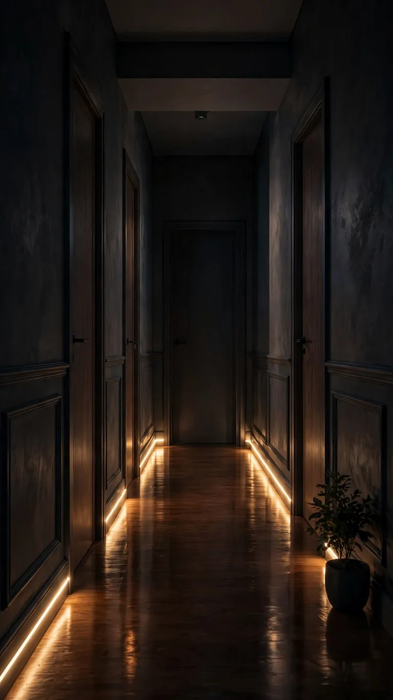 Warm LED strip lighting glowing along hallway baseboards at night.