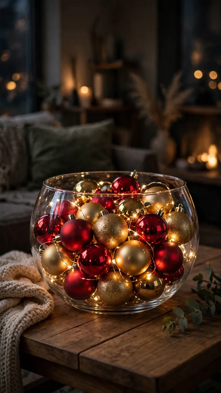 Glass bowl filled with shiny Christmas ornaments as a centerpiece