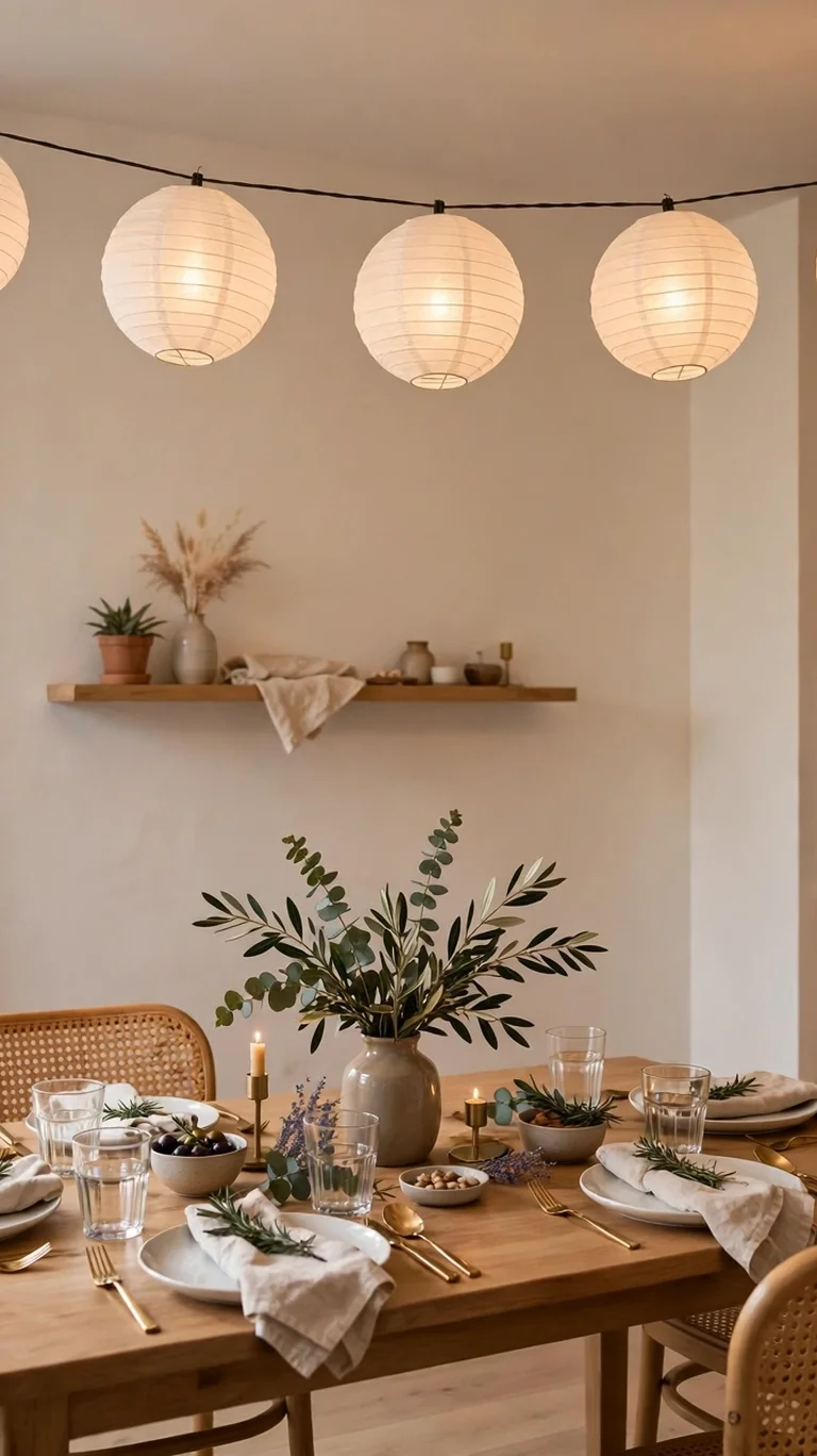 Glowing white paper lanterns on a string hung across an apartment dining room ceiling