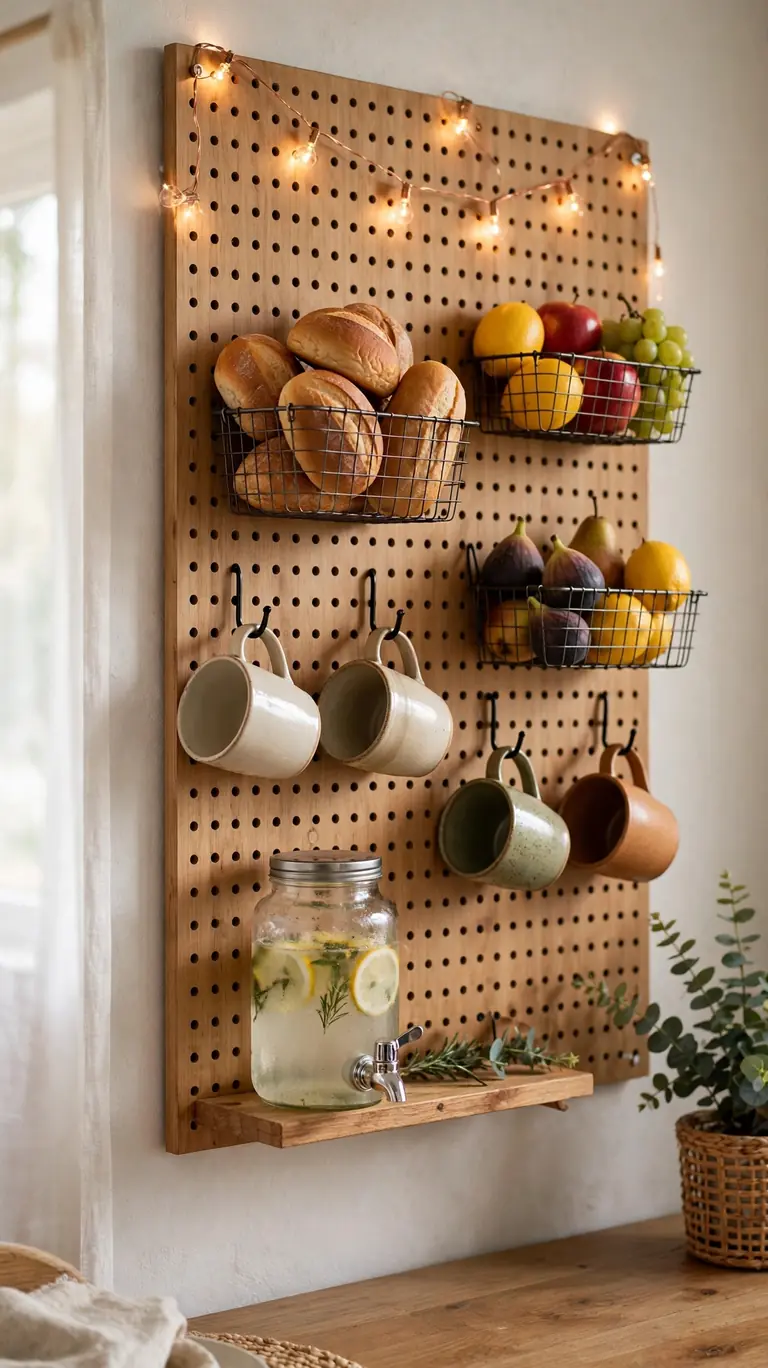 Wall pegboard with hanging baskets of rolls and fruit styled as a hanging serving station
