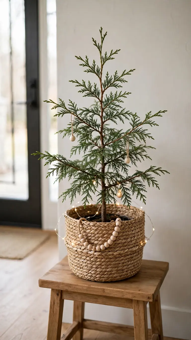 15 Neutral Christmas Decor Ideas for a Calm, Minimalist Home 15 Small potted cedar tree with cream ornaments and warm lights in a woven basket