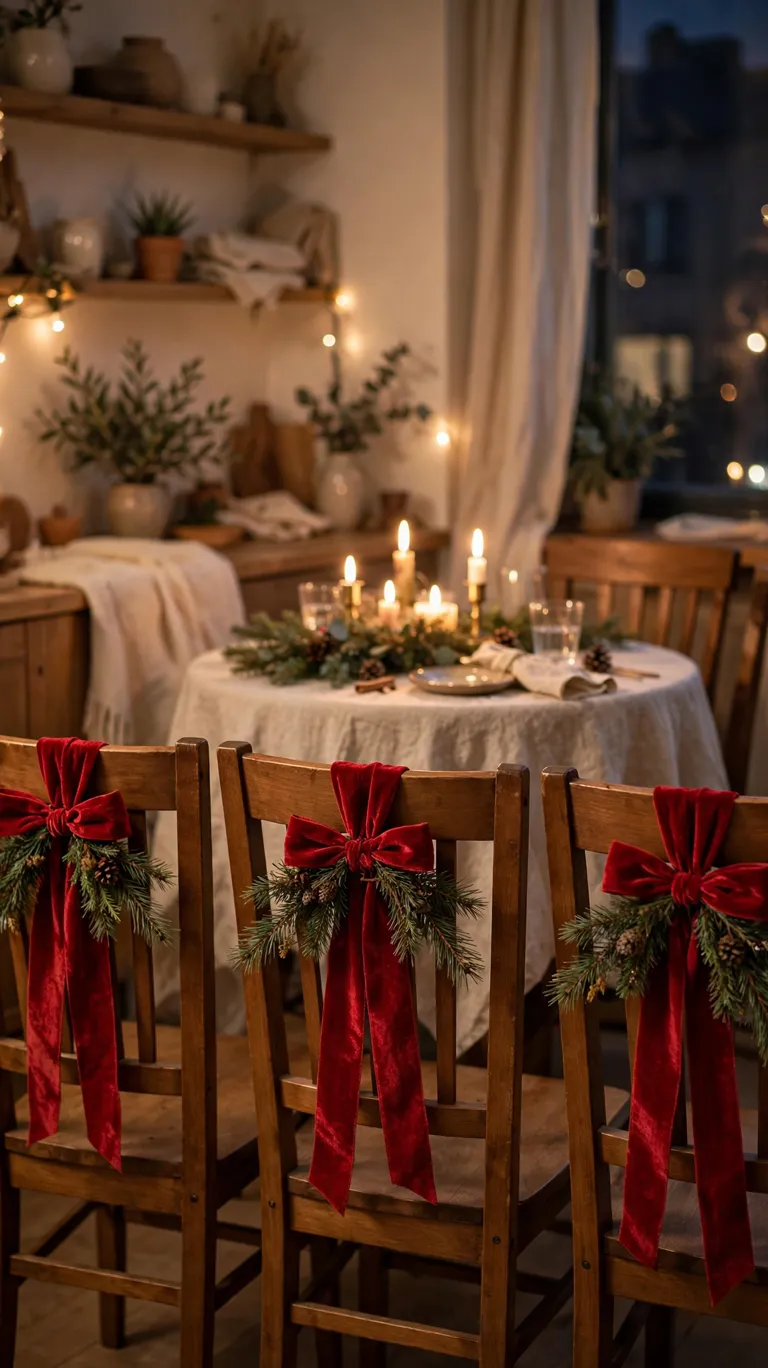 20 Beautiful Christmas Table Settings for Small Dining Spaces 15 Dining chair backs decorated with red velvet ribbon and pine sprigs around a small table