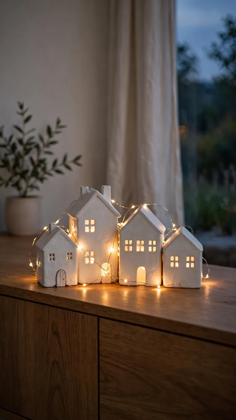 A small group of white ceramic houses with fairy lights on a sideboard.