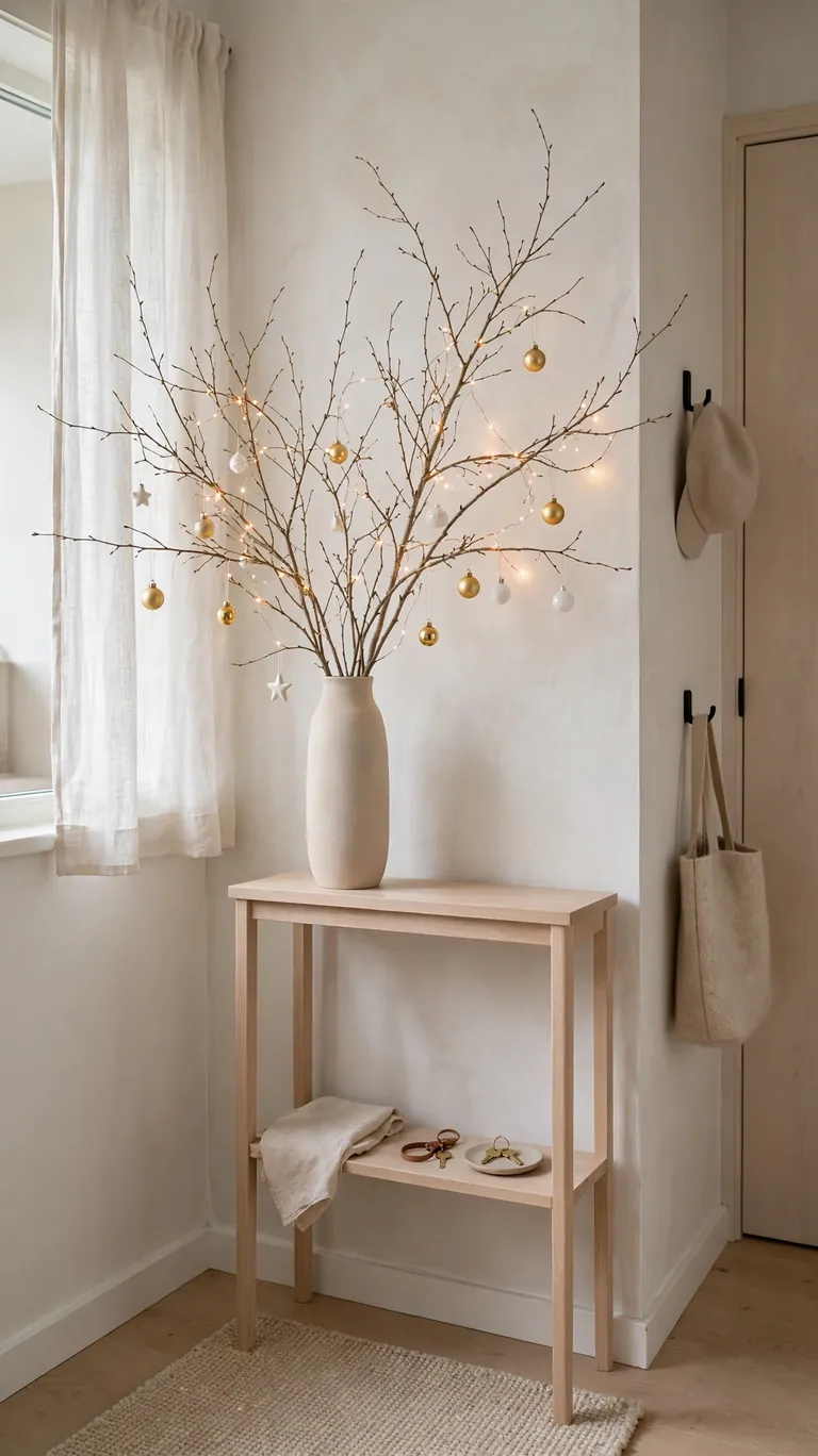 Minimalist twig tree in a tall vase with tiny ornaments on a console table