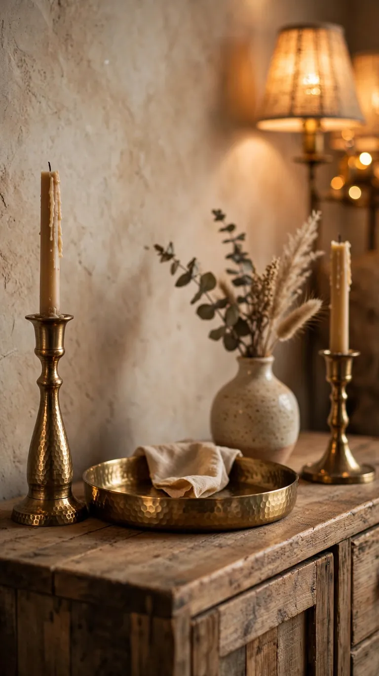 Boho sideboard styled with brass candlesticks and a hammered metal tray.