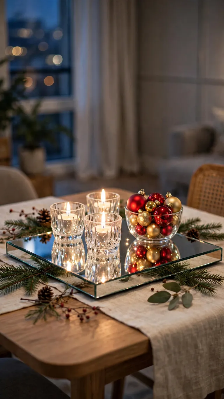 20 Beautiful Christmas Table Settings for Small Dining Spaces 16 Mirrored tray with crystal votive holders and ornaments sparkling on a small table