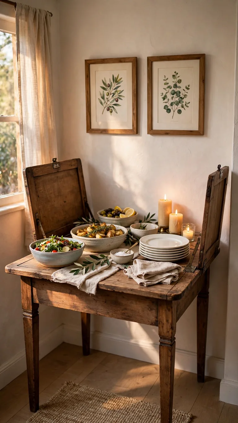 Vintage drop leaf table with leaves raised styled as a buffet with serving bowls and candles
