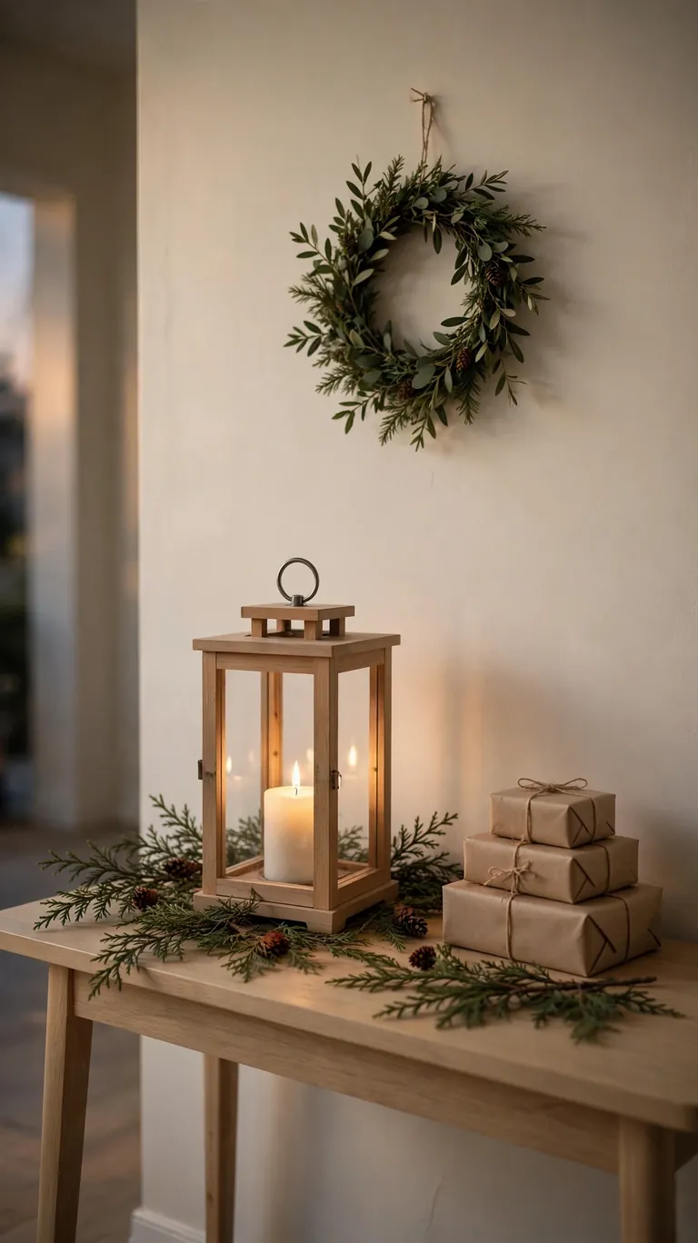 15 Neutral Christmas Decor Ideas for a Calm, Minimalist Home 16 Wooden lantern with a white candle and cedar branches on an entryway console table