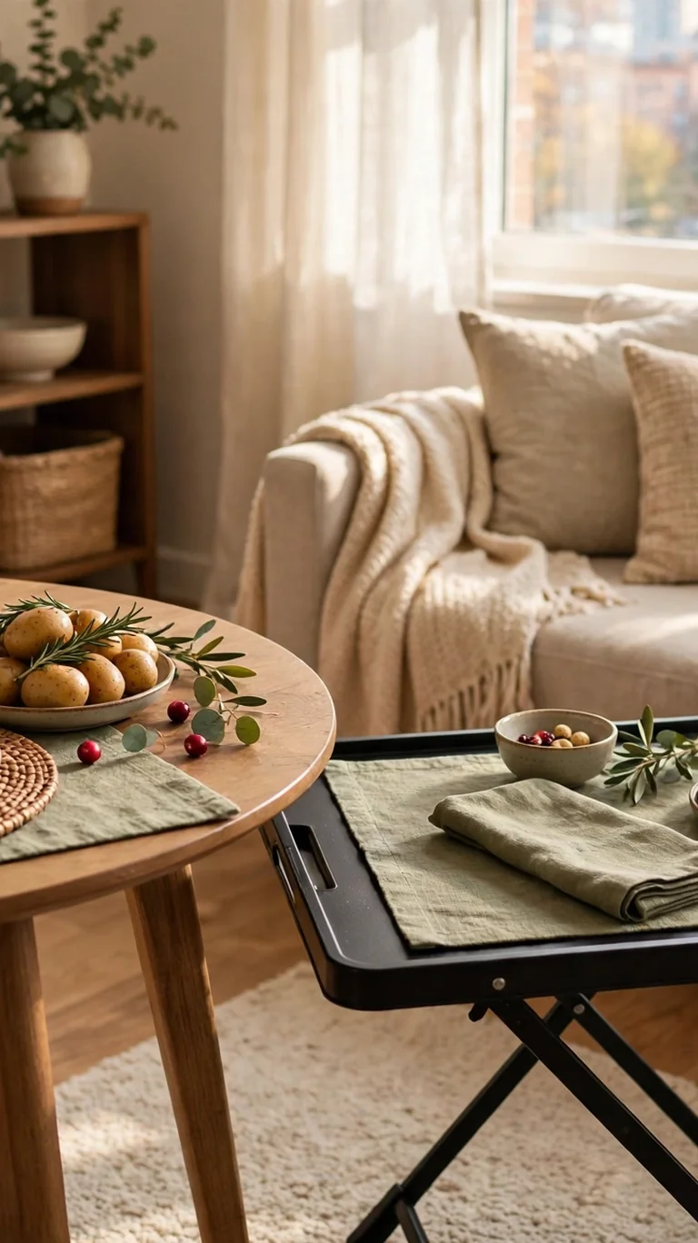 Folding tray table set for an extra guest beside a Thanksgiving table