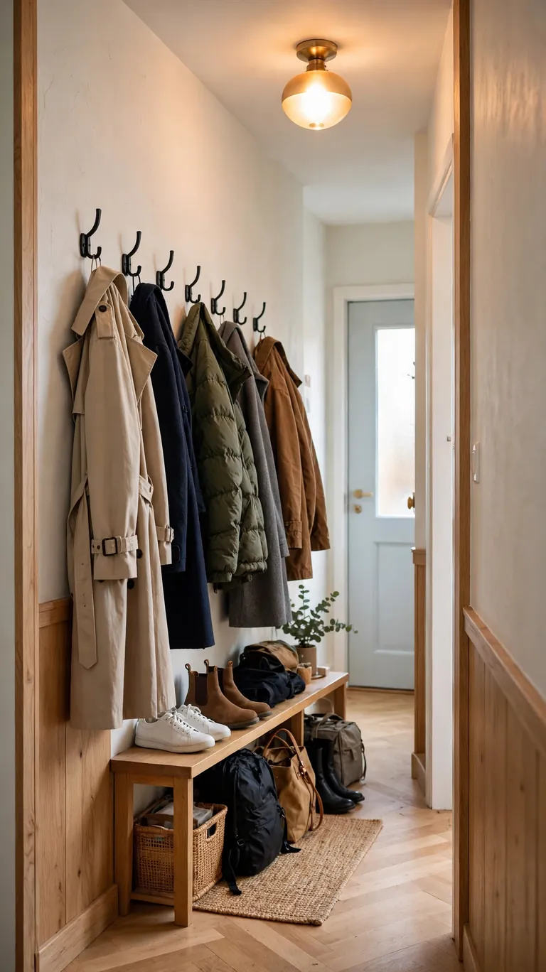 Narrow hallway with wall hooks organized as a guest coat and bag drop
