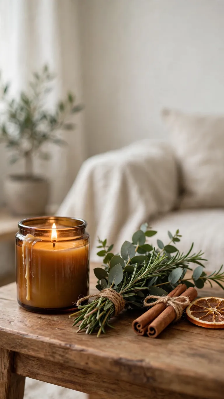A lit holiday candle beside a small bundle of fresh greenery and cinnamon sticks.