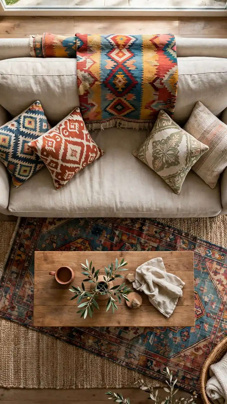 Kilim runner draped over the back of a neutral boho sofa.