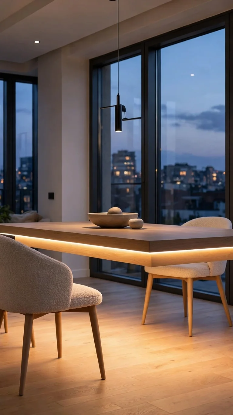 Warm LED strip light hidden under a dining table edge casting a soft glow on the floor