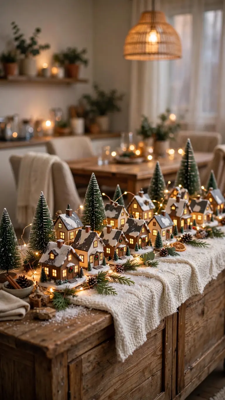 Miniature Christmas village arranged on a sideboard