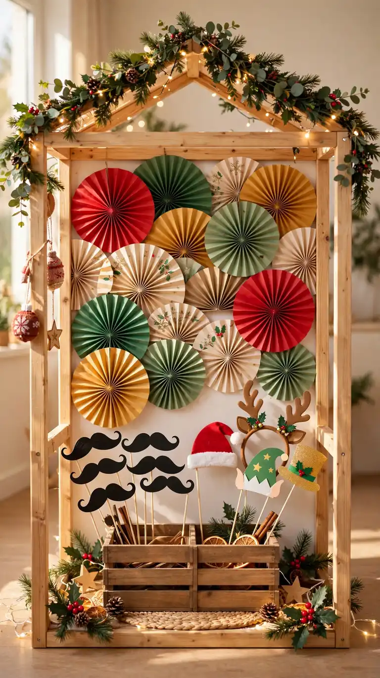 Kid-sized photo booth with paper fans and silly props