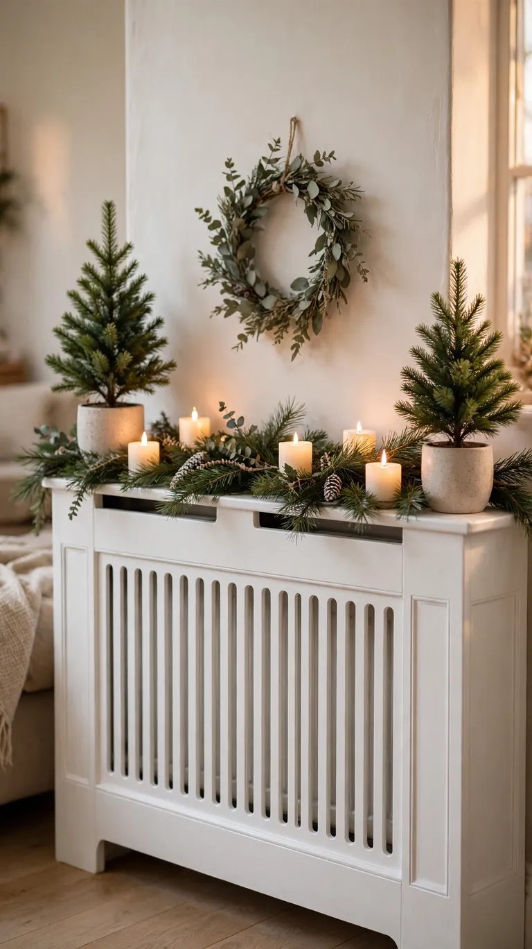 24 Festive Christmas Mantel Alternatives for Homes Without a Fireplace 16 A white radiator cover top styled with a heat safe garland, LED candles, and a small wreath leaning above