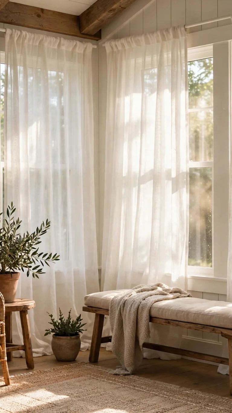 Floor-length sheer white linen curtains diffusing bright sunlight across farmhouse sunroom windows.