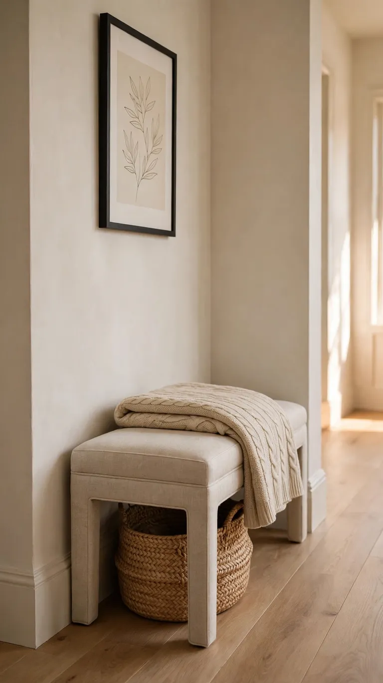 A slim upholstered bench with a basket underneath in a hallway.